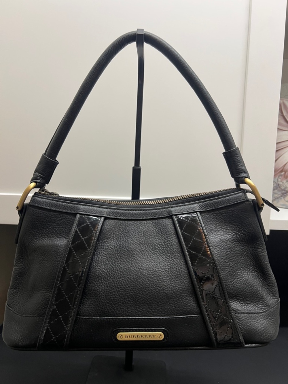 Burberry Black Leather Shoulder Hobo  12”w x 5” across bottom x 7” deep